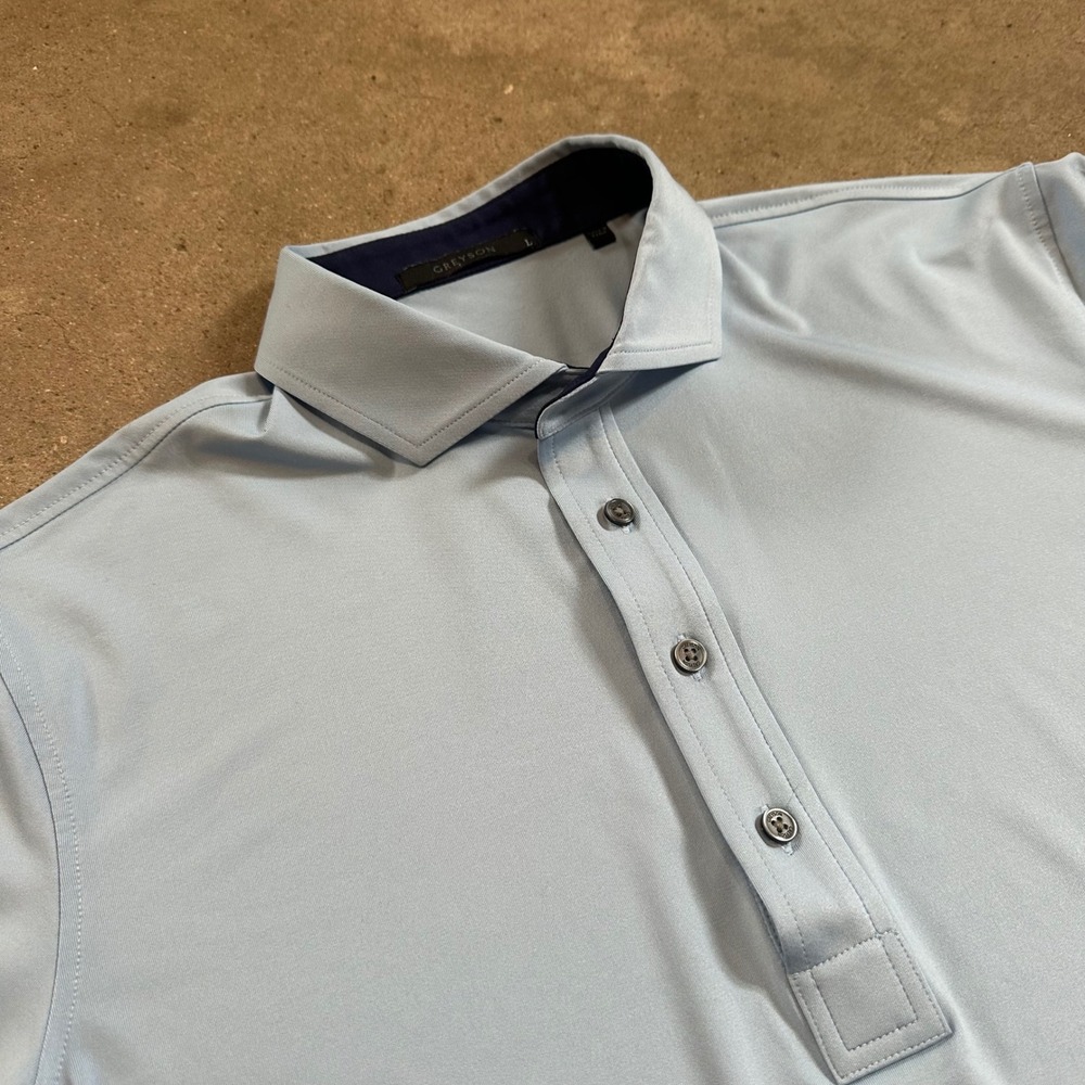 Greyson Night Fly Polo Shirt Mens L Light Blue Short Sleeve Golf Performance